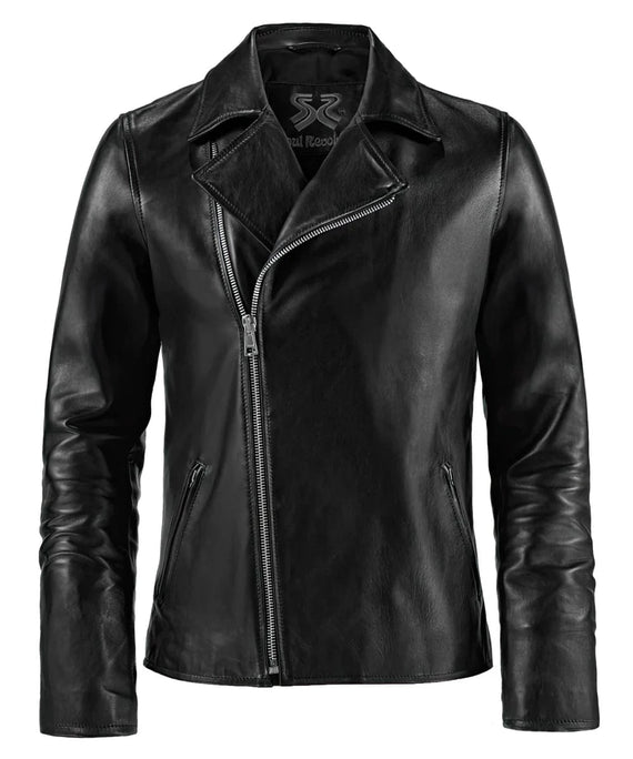 Ghost Rider replica black leather biker jacket with asymmetrical zip front and vintage moto styling