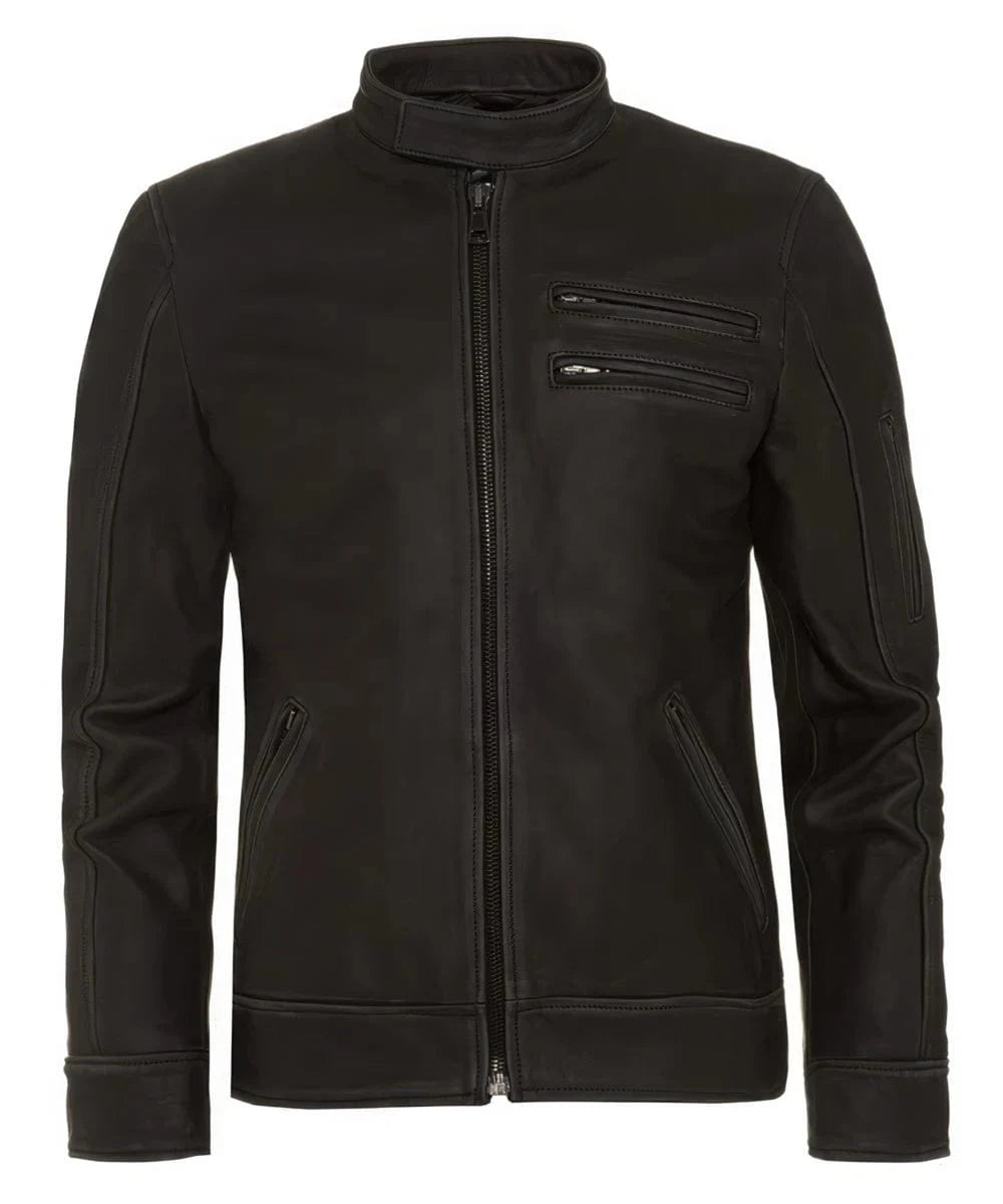 Slim fit black calf leather jacket with double chest zip detail