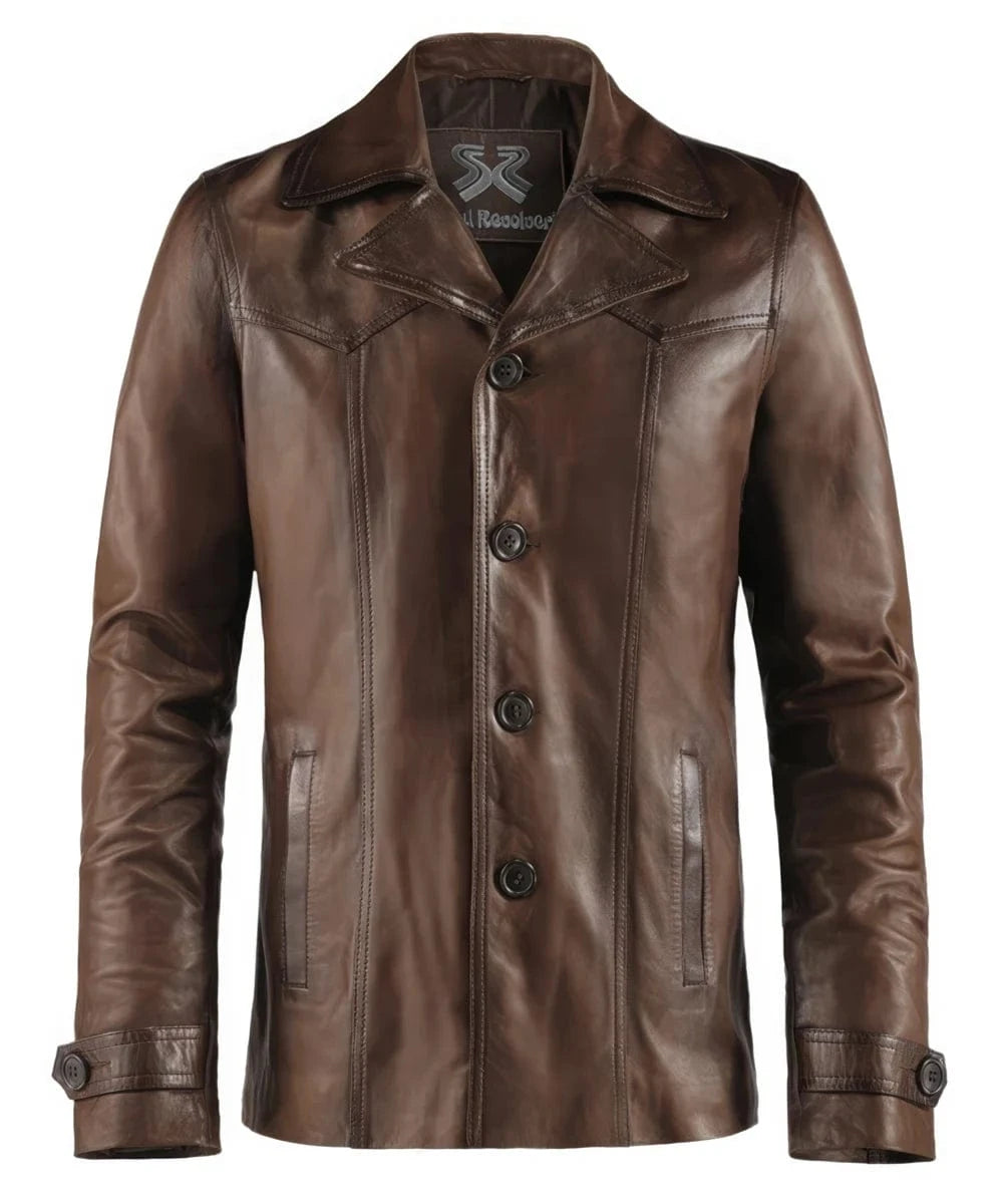 Vintage slim fit brown leather jacket with retro lapel styling and tailored button front design