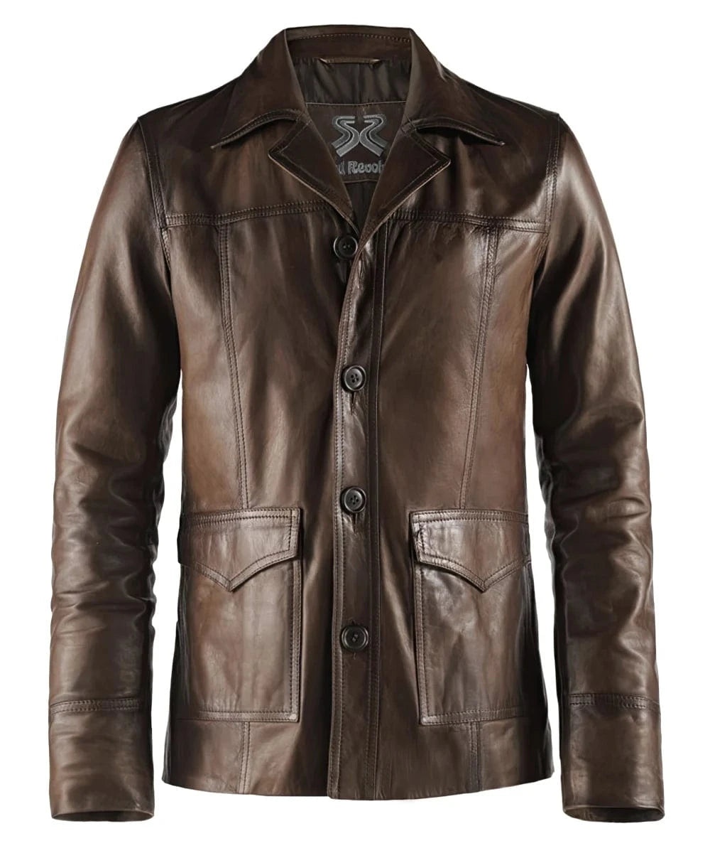 Vintage slim fit brown leather jacket with retro button front styling and western seam detailing