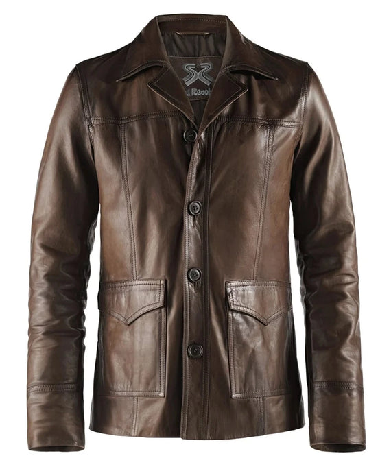 Vintage slim fit brown leather jacket with retro button front styling and western seam detailing