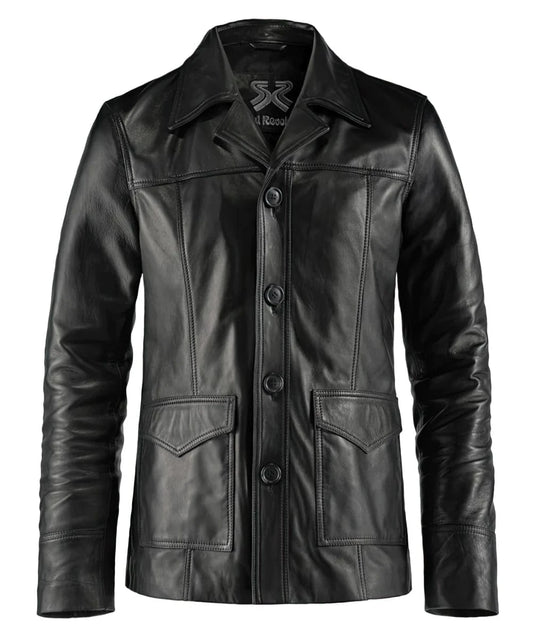 Vintage slim fit black leather jacket with button front styling