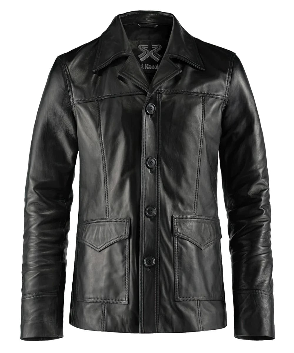 Vintage slim fit black leather jacket with button front styling