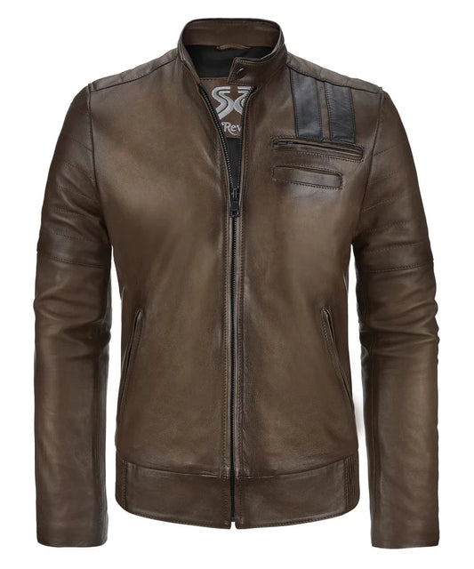 Vintage slim fit brown leather cafe racer jacket with biker inspired stripe detailing and zip chest pockets