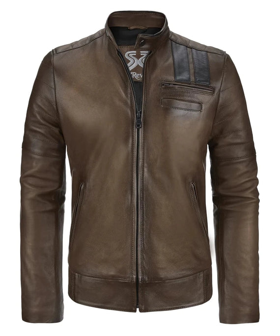 Vintage slim fit brown leather cafe racer jacket with biker inspired stripe detailing and zip chest pockets