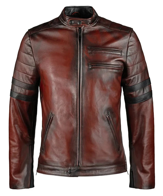 Vintage slim fit antique red leather cafe racer jacket with biker inspired stripe detailing and zip chest pockets