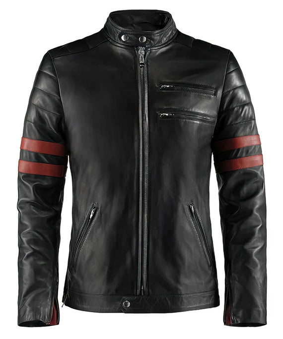 Vintage slim fit black leather jacket with racer stripe detailing and cafe racer styling