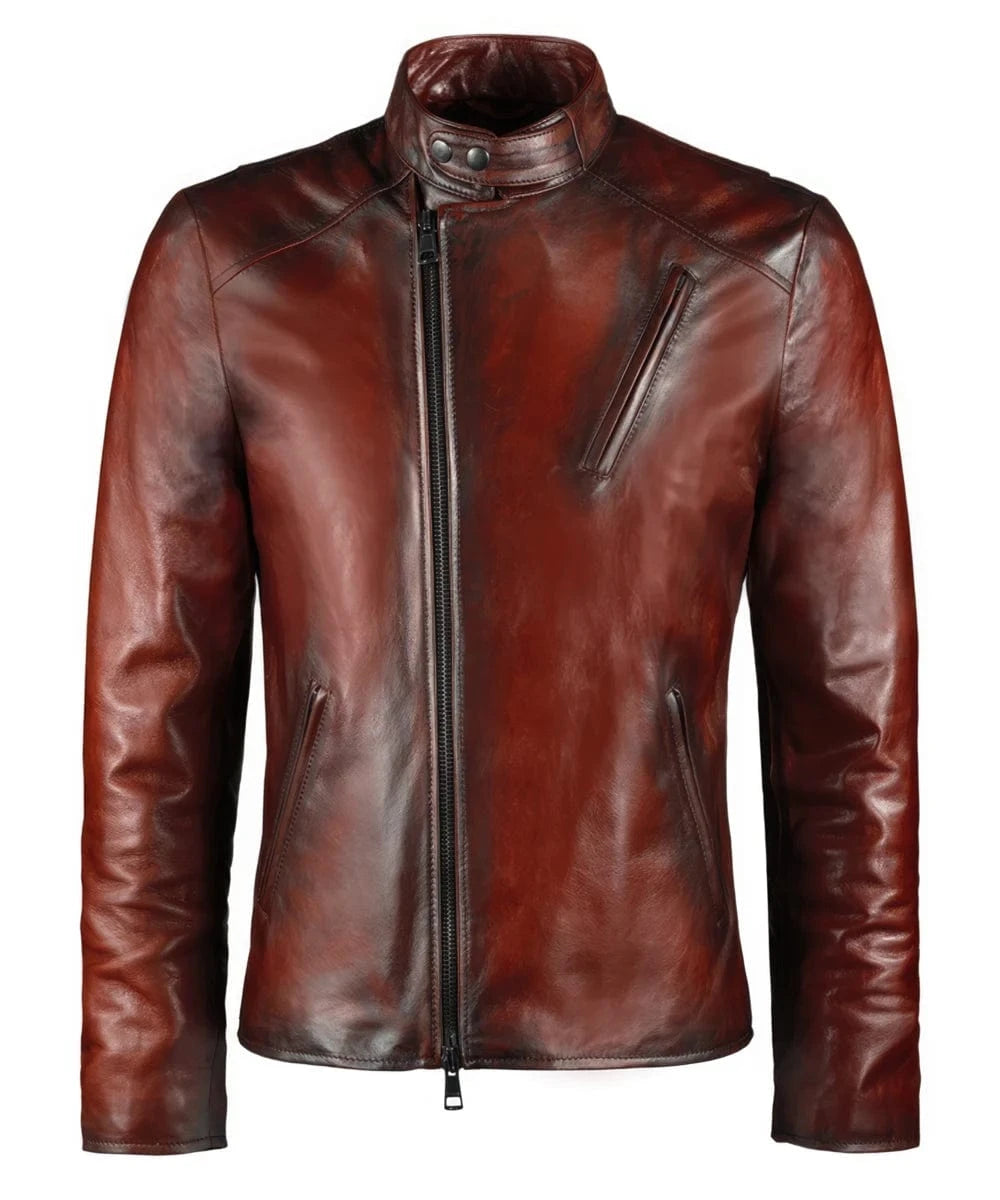 Iron Man movie replica vintage slim fit red leather cafe racer jacket with angled zip chest pocket detailing and biker inspired styling