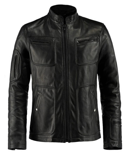 Black leather slim fit Kirk movie replica jacket featuring a band collar, front zip closure, oversized chest patch pockets with horizontal zip details, angled lower pockets, and subtle sci-fi inspired panel construction.