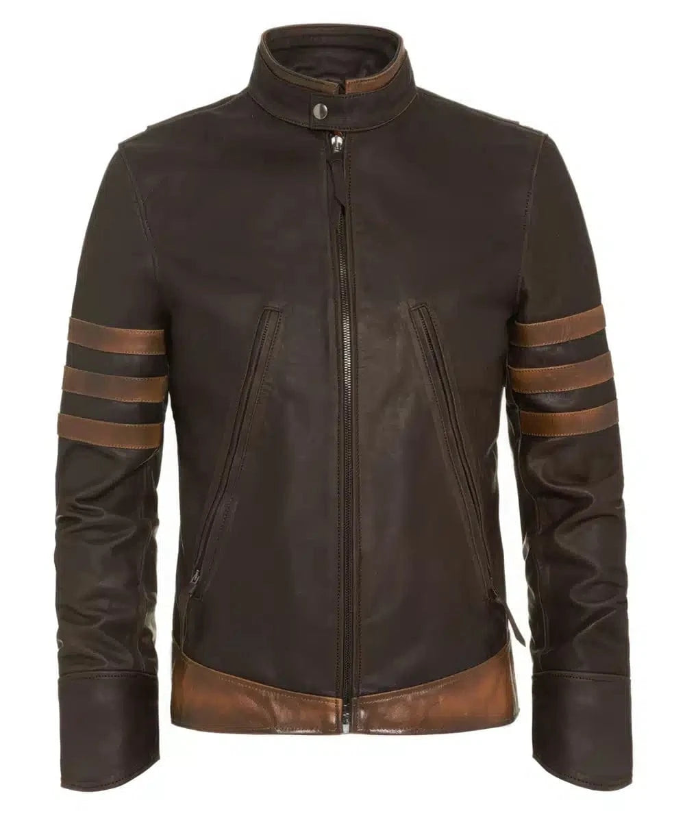 Origins replica brown calf leather jacket with slim fit vintage biker styling and contrast racing stripe detailing