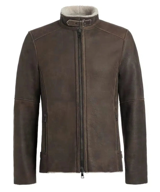 Brown Salvation replica shearling jacket with buckle collar and zip front view