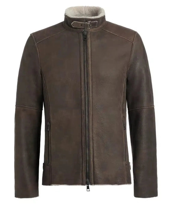 Brown Salvation replica shearling jacket with buckle collar and zip front view