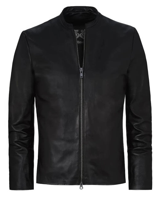 Slim fit black leather jacket with clean stand collar and zip front design