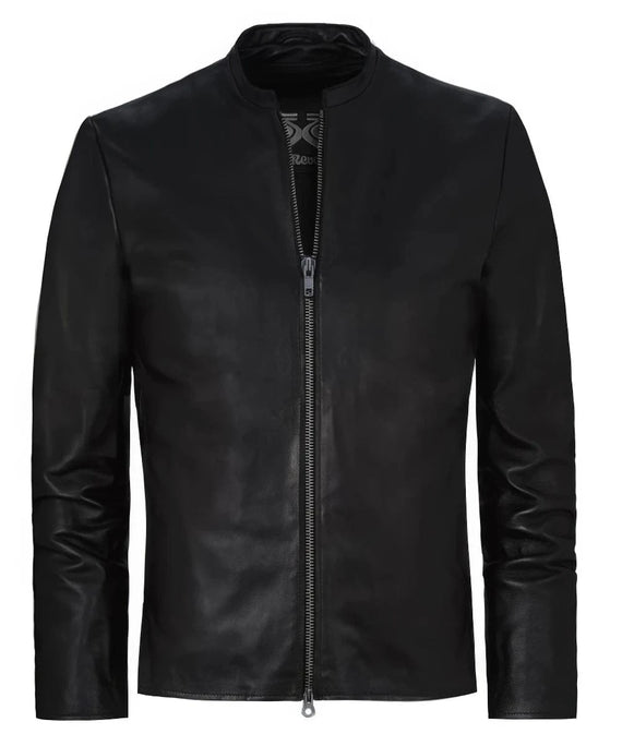 Slim fit black leather jacket with clean stand collar and zip front design