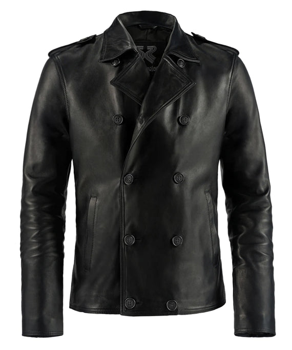 Mannequin view of a military style men's black leather jacket with double breasted buttons.